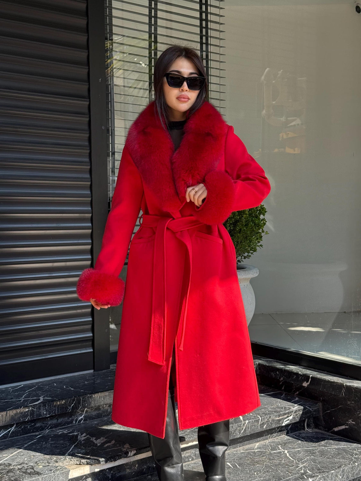 Red Cashmere Coat With Fox Fur Trim | Collar cuffs Fox Fur Coat | Handmade Plus Size Long Belted Wool Coat For Women, Luxury Fox Fur Coat