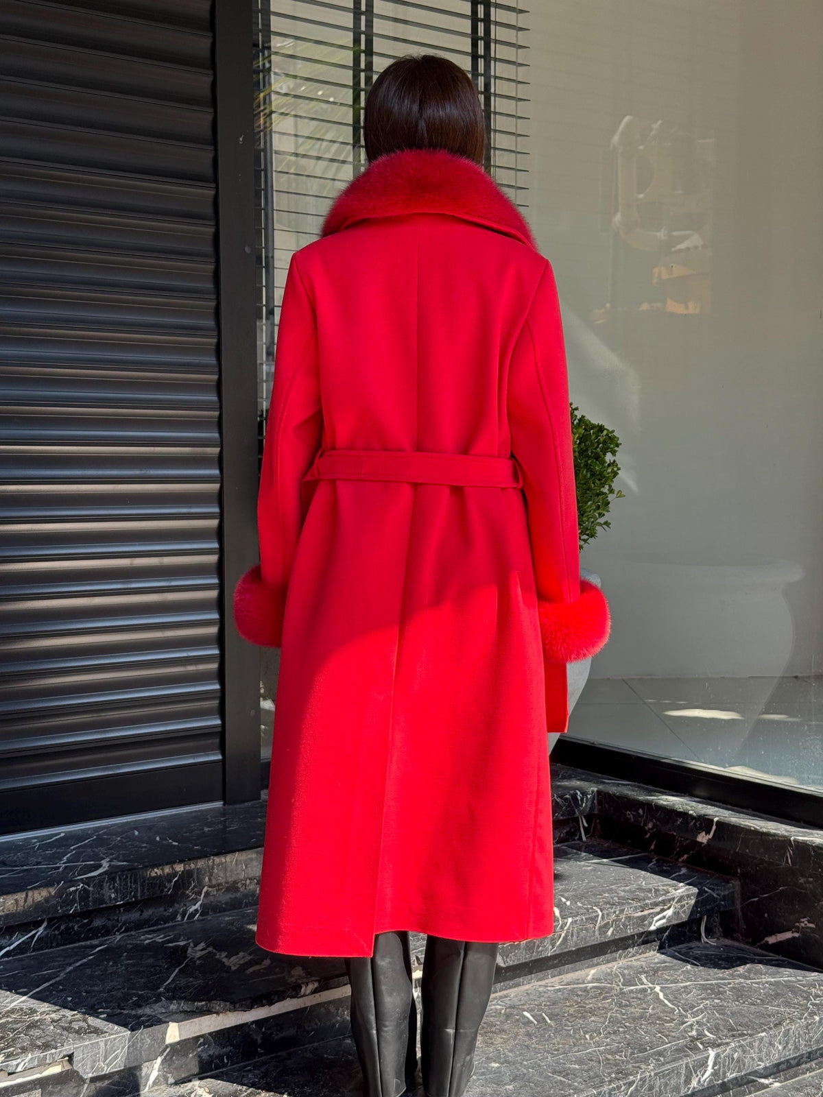 Red Cashmere Coat With Fox Fur Trim | Collar cuffs Fox Fur Coat | Handmade Plus Size Long Belted Wool Coat For Women, Luxury Fox Fur Coat