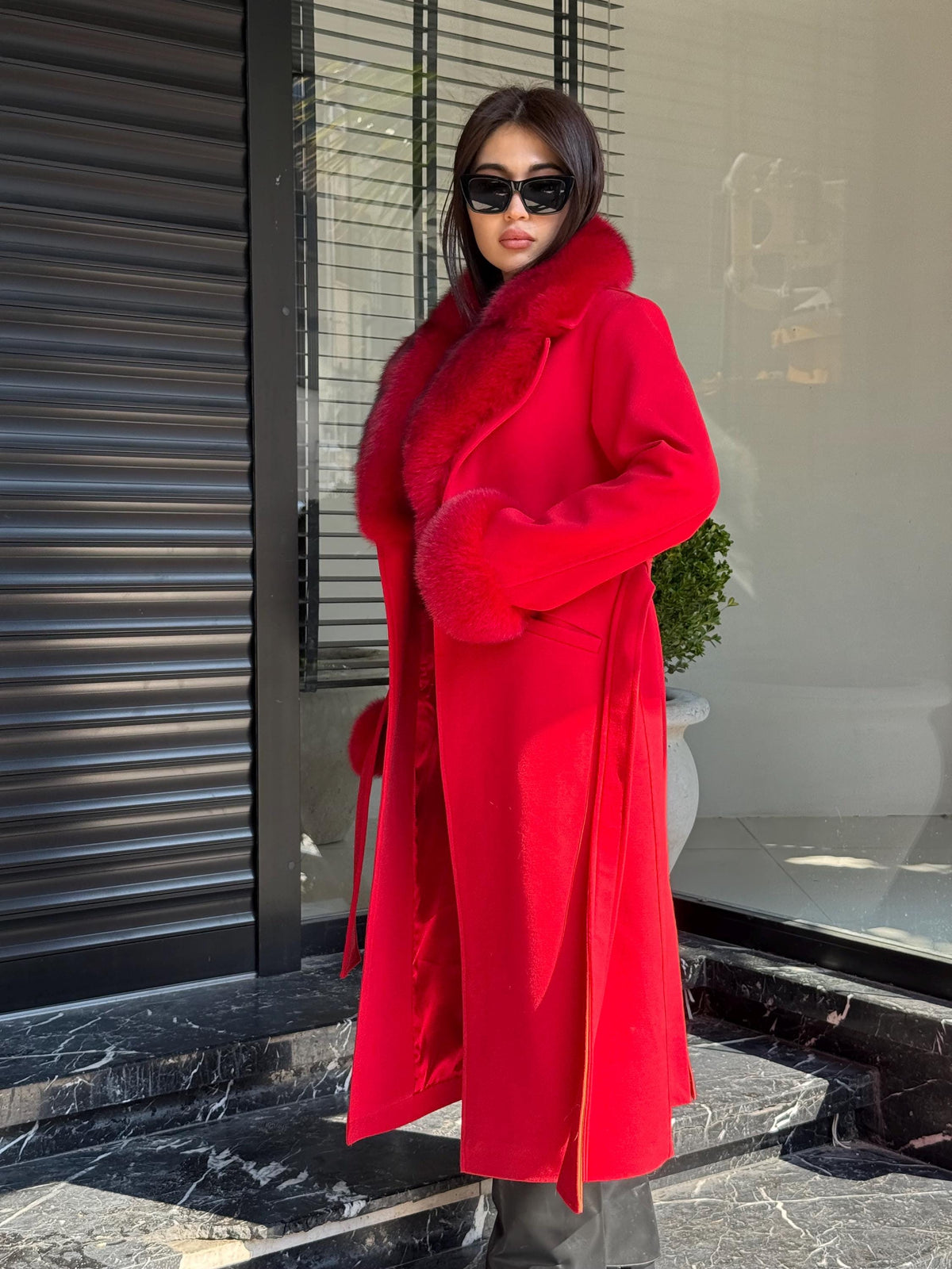 Red Cashmere Coat With Fox Fur Trim | Collar cuffs Fox Fur Coat | Handmade Plus Size Long Belted Wool Coat For Women, Luxury Fox Fur Coat