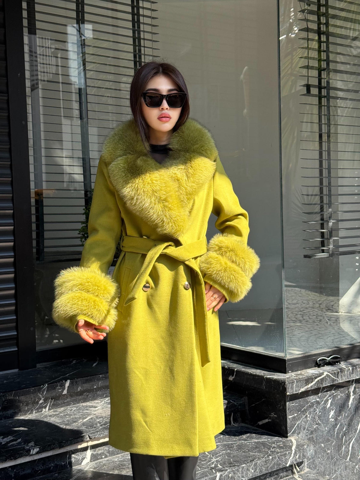 Lime Green Cashmere Coat With Fox Fur Trim | Collar Cuffs Fox Fur Coat | Handmade Plus Size Long Belted Wool Coat For Women, Fox Fur Coat