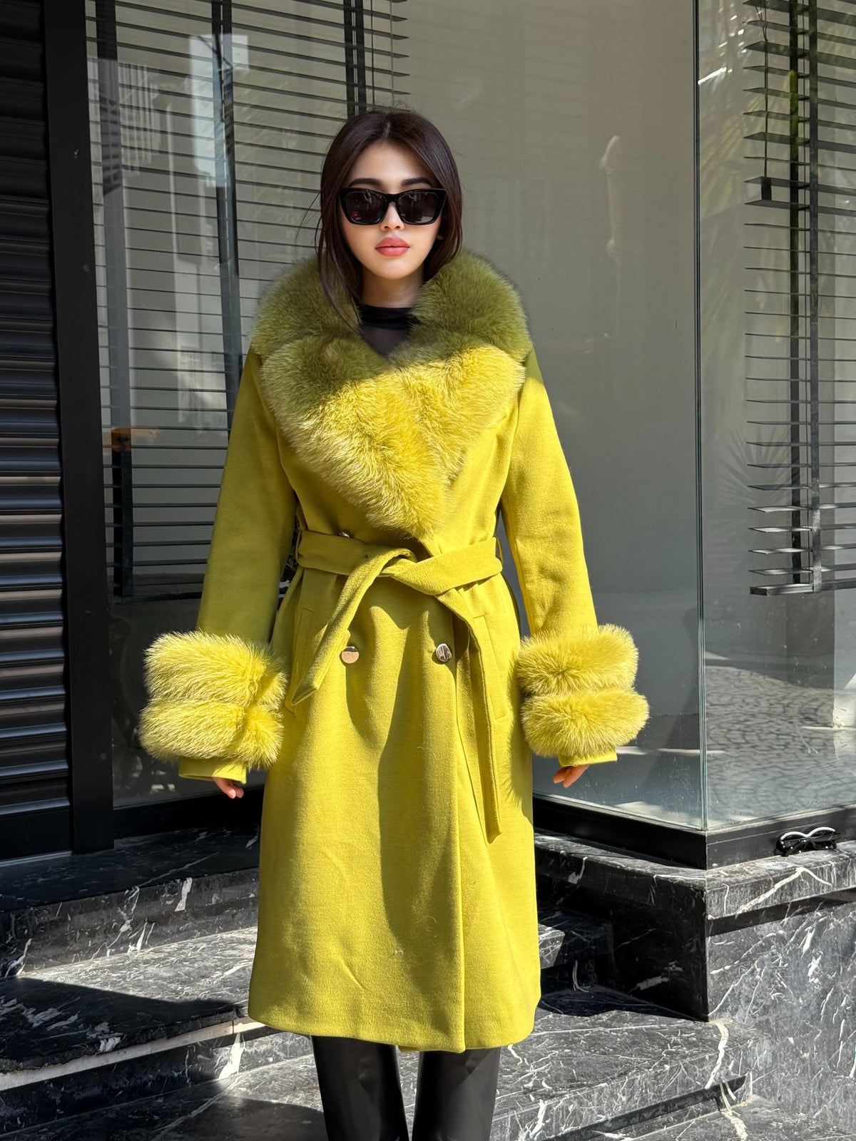 Lime Green Cashmere Coat With Fox Fur Trim | Collar Cuffs Fox Fur Coat | Handmade Plus Size Long Belted Wool Coat For Women, Fox Fur Coat
