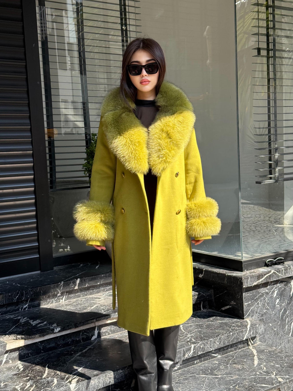 Lime Green Cashmere Coat With Fox Fur Trim | Collar Cuffs Fox Fur Coat | Handmade Plus Size Long Belted Wool Coat For Women, Fox Fur Coat