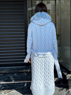 Sky Blue Handmade Women Luxury Knit Cardigan with Real Fox Fur Trim Coat –Handcrafted Long Knitwear Coat – Elegant Outerwear for Women