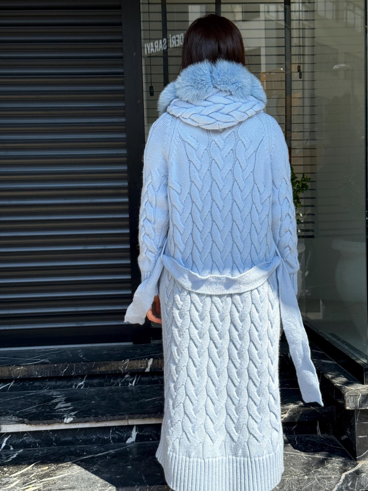 Sky Blue Handmade Women Luxury Knit Cardigan with Real Fox Fur Trim Coat –Handcrafted Long Knitwear Coat – Elegant Outerwear for Women