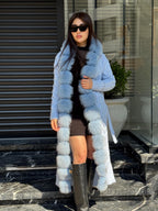 Sky Blue Handmade Women Luxury Knit Cardigan with Real Fox Fur Trim Coat –Handcrafted Long Knitwear Coat – Elegant Outerwear for Women