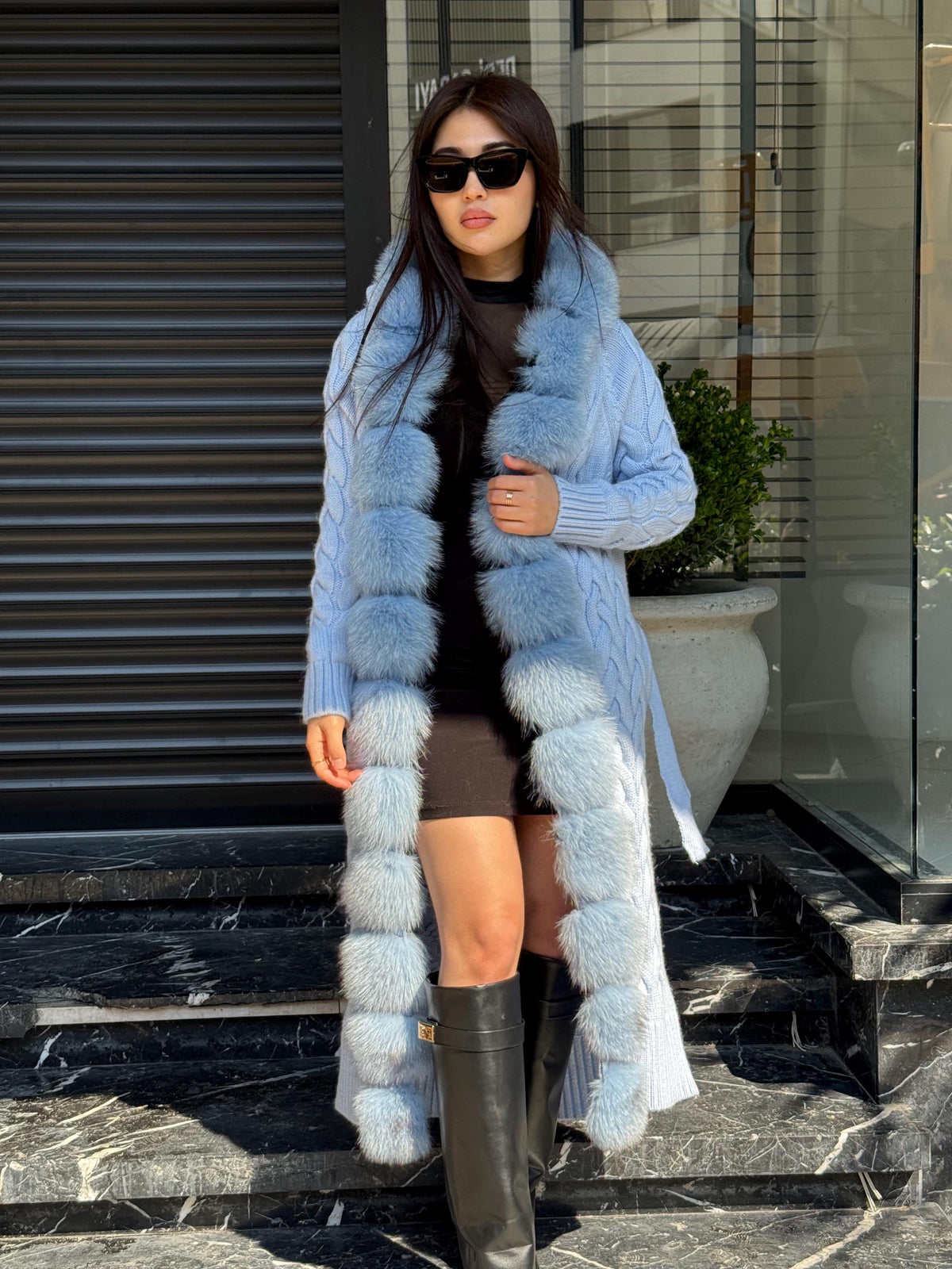 Sky Blue Handmade Women Luxury Knit Cardigan with Real Fox Fur Trim Coat –Handcrafted Long Knitwear Coat – Elegant Outerwear for Women