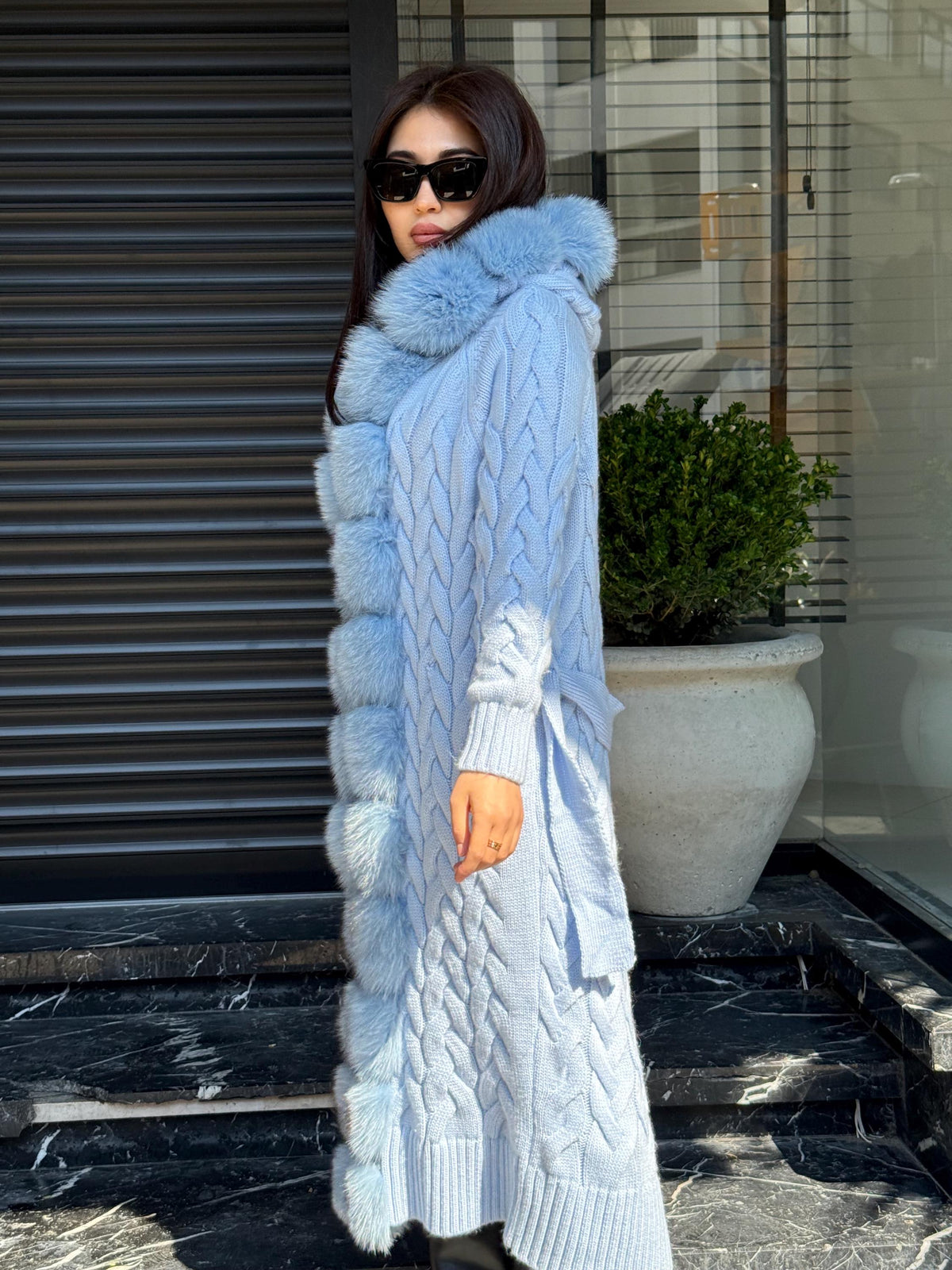 Sky Blue Handmade Women Luxury Knit Cardigan with Real Fox Fur Trim Coat –Handcrafted Long Knitwear Coat – Elegant Outerwear for Women