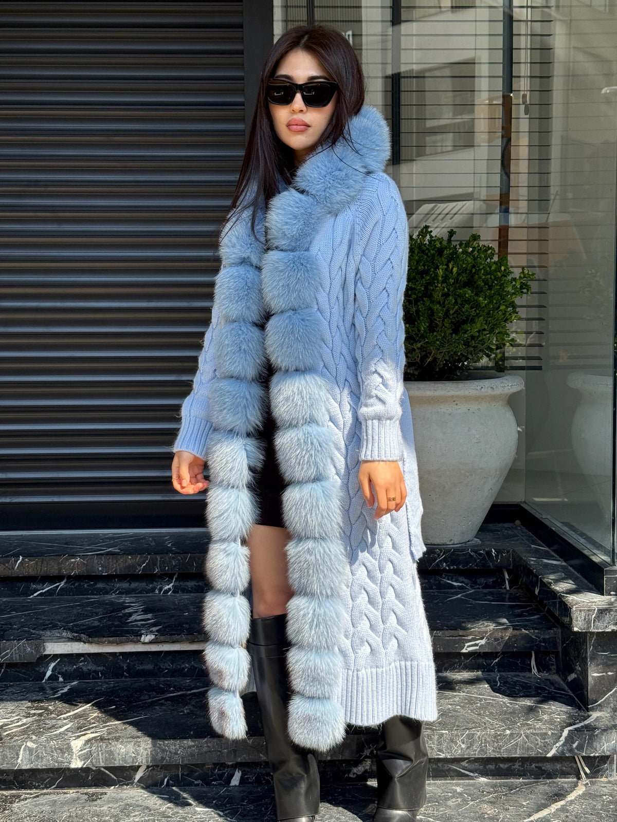 Sky Blue Handmade Women Luxury Knit Cardigan with Real Fox Fur Trim Coat –Handcrafted Long Knitwear Coat – Elegant Outerwear for Women