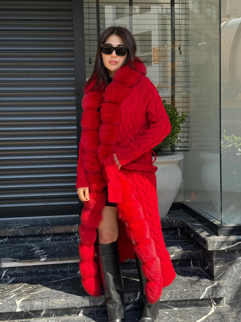 Red Handmade Women Luxury Knit Cardigan with Real Fox Fur Trim Coat –Handcrafted Long Knitwear Coat – Elegant Cable Knit Outerwear for Women