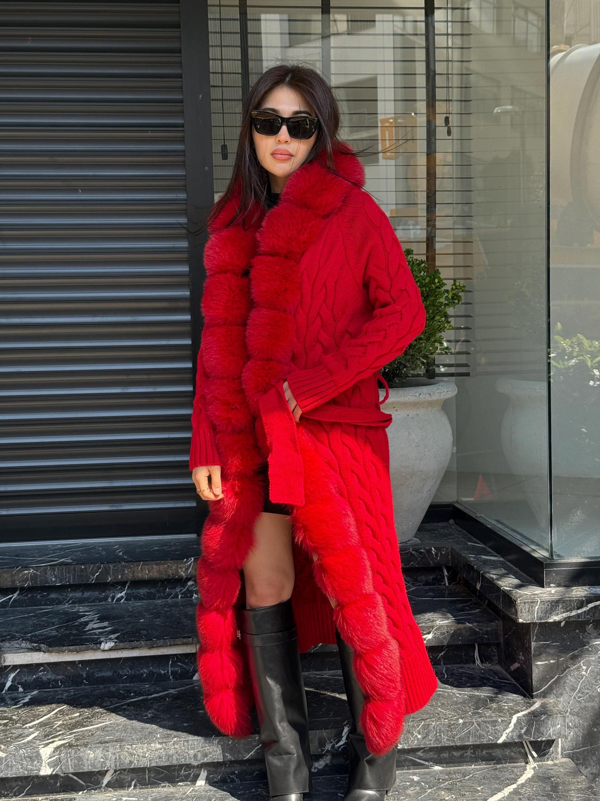 Red Handmade Women Luxury Knit Cardigan with Real Fox Fur Trim Coat –Handcrafted Long Knitwear Coat – Elegant Cable Knit Outerwear for Women