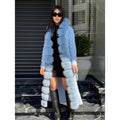 Sky Blue Handmade Women Luxury Knit Cardigan with Real Fox Fur Trim Coat –Handcrafted Long Knitwear Coat – Elegant Outerwear for Women