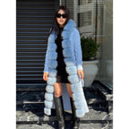 Sky Blue Handmade Women Luxury Knit Cardigan with Real Fox Fur Trim Coat –Handcrafted Long Knitwear Coat – Elegant Outerwear for Women