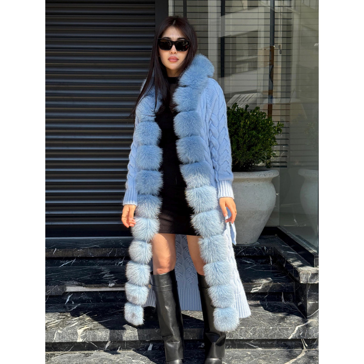 Sky Blue Handmade Women Luxury Knit Cardigan with Real Fox Fur Trim Coat –Handcrafted Long Knitwear Coat – Elegant Outerwear for Women