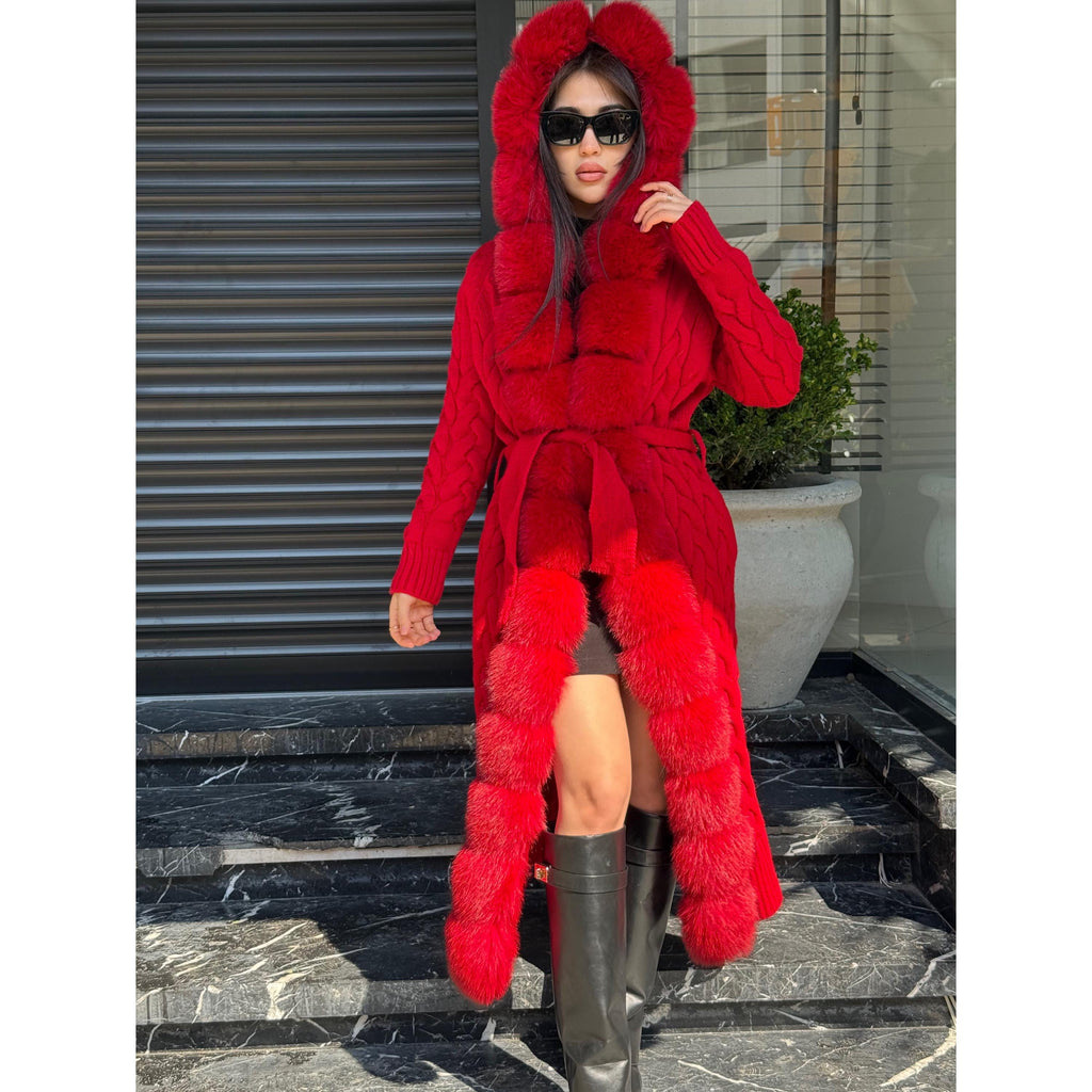 Red Handmade Women Luxury Knit Cardigan with Real Fox Fur Trim Coat –Handcrafted Long Knitwear Coat – Elegant Cable Knit Outerwear for Women