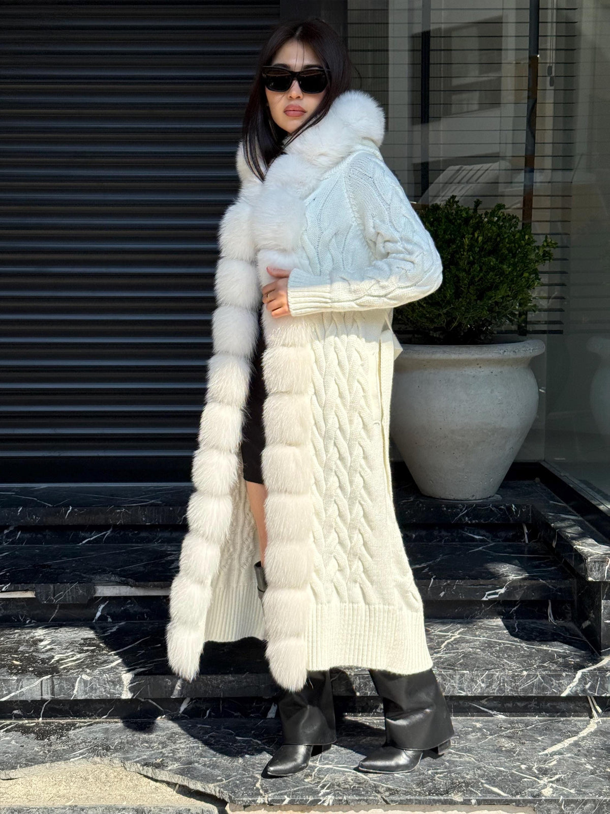White Handmade Women Luxury Knit Cardigan with Real Fox Fur Trim Coat –Handcrafted Long Knitwear Coat – Elegant Cable Outerwear for Women