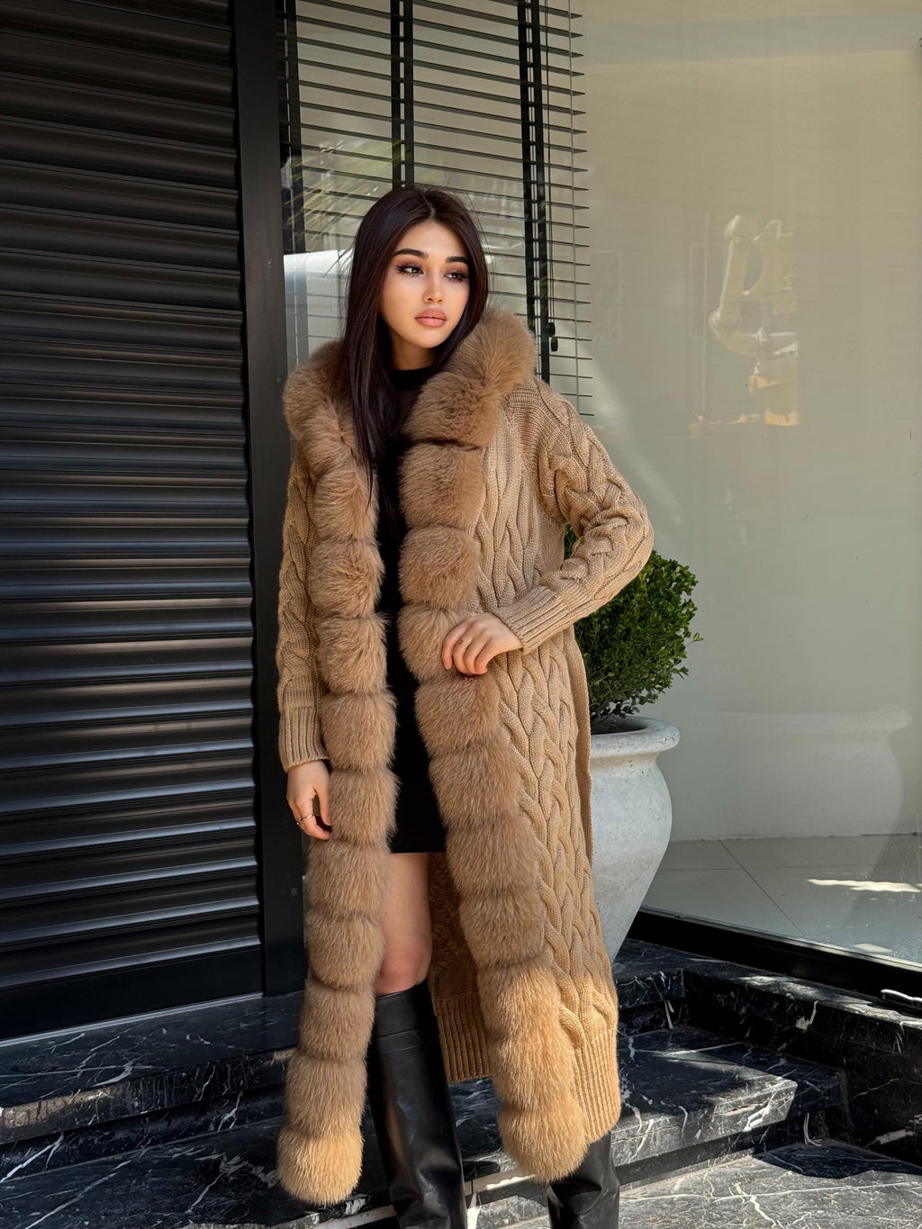 Camel Handmade Women Luxury Knit Cardigan with Fox Fur Coat –Handcrafted Long Knitwear Coat – Elegant Cable Knit Outerwear for Women