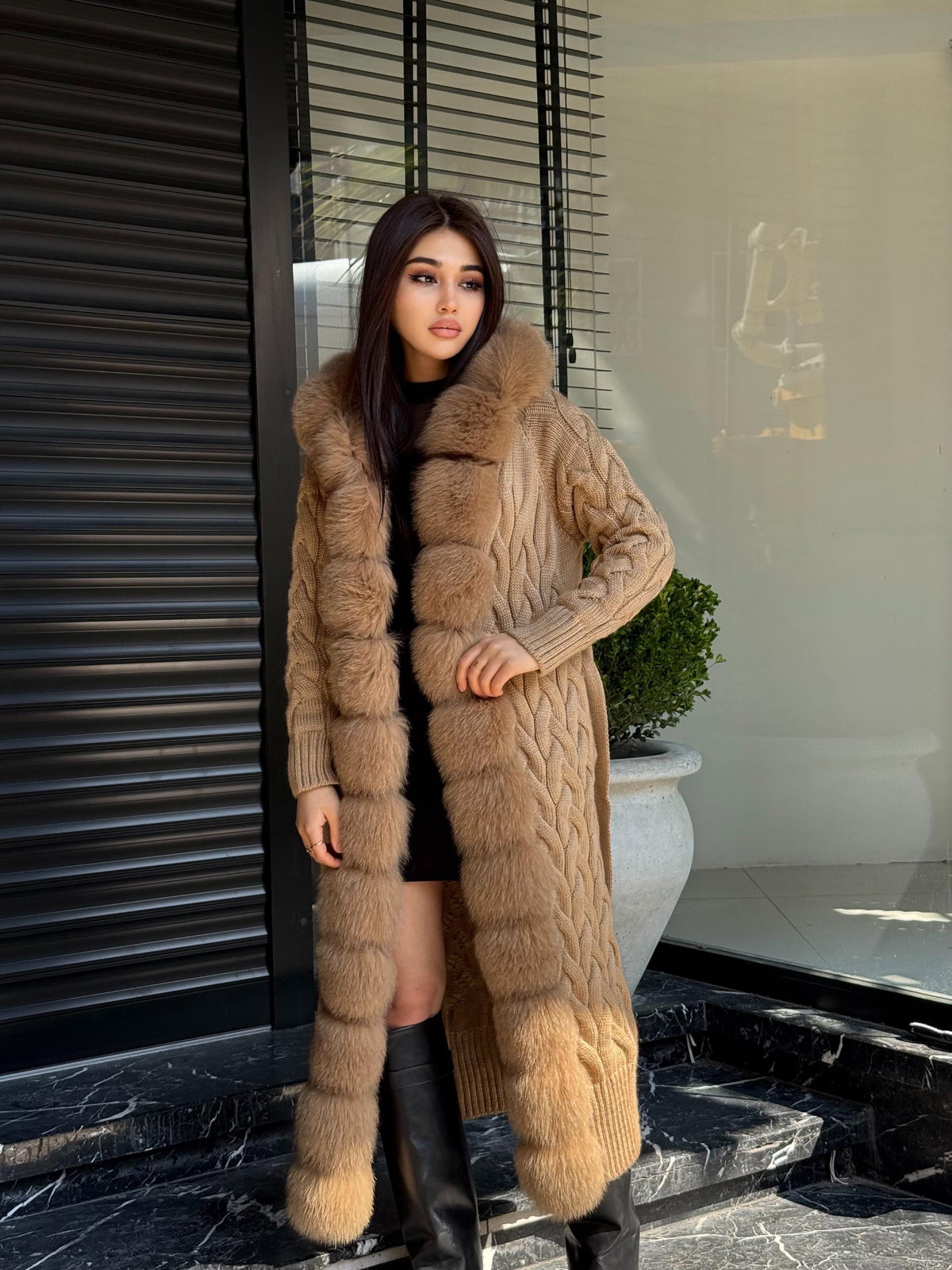 Camel Handmade Women Luxury Knit Cardigan with Fox Fur Coat –Handcrafted Long Knitwear Coat – Elegant Cable Knit Outerwear for Women