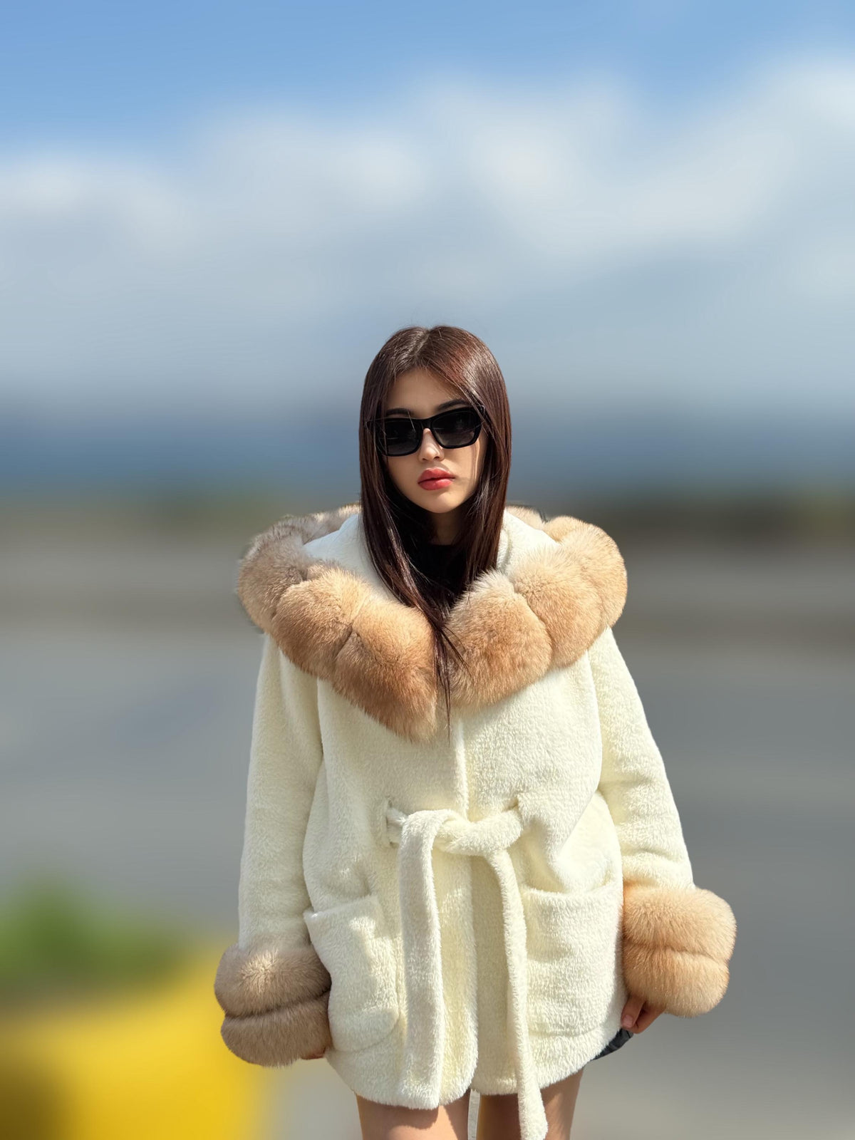 Luxury White Alcantara Cape Coat with Fox Fur Hood & Cuffs | Women’s Beige Winter Fox Fur Jacket