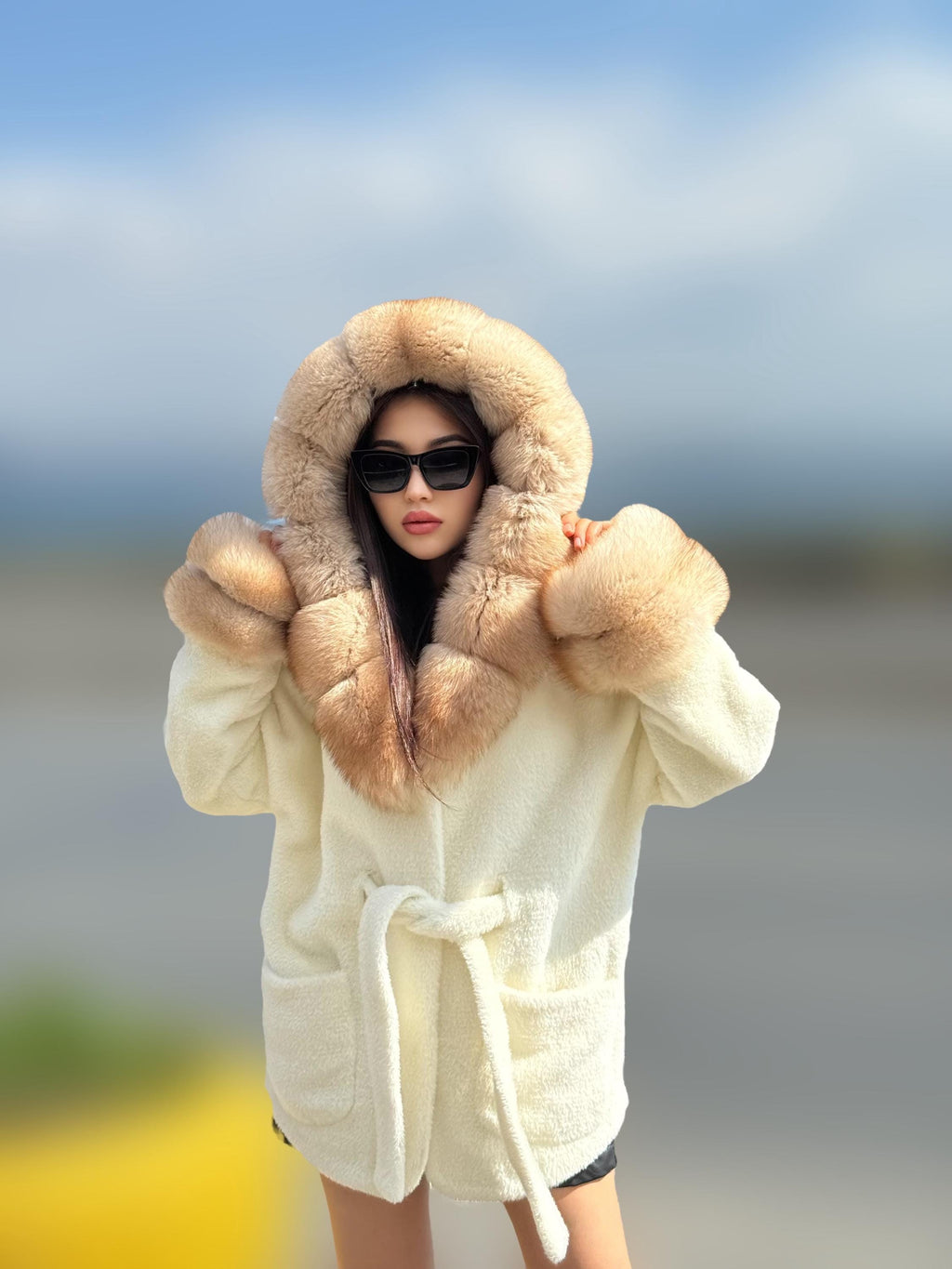 Luxury White Alcantara Cape Coat with Fox Fur Hood & Cuffs | Women’s Beige Winter Fox Fur Jacket