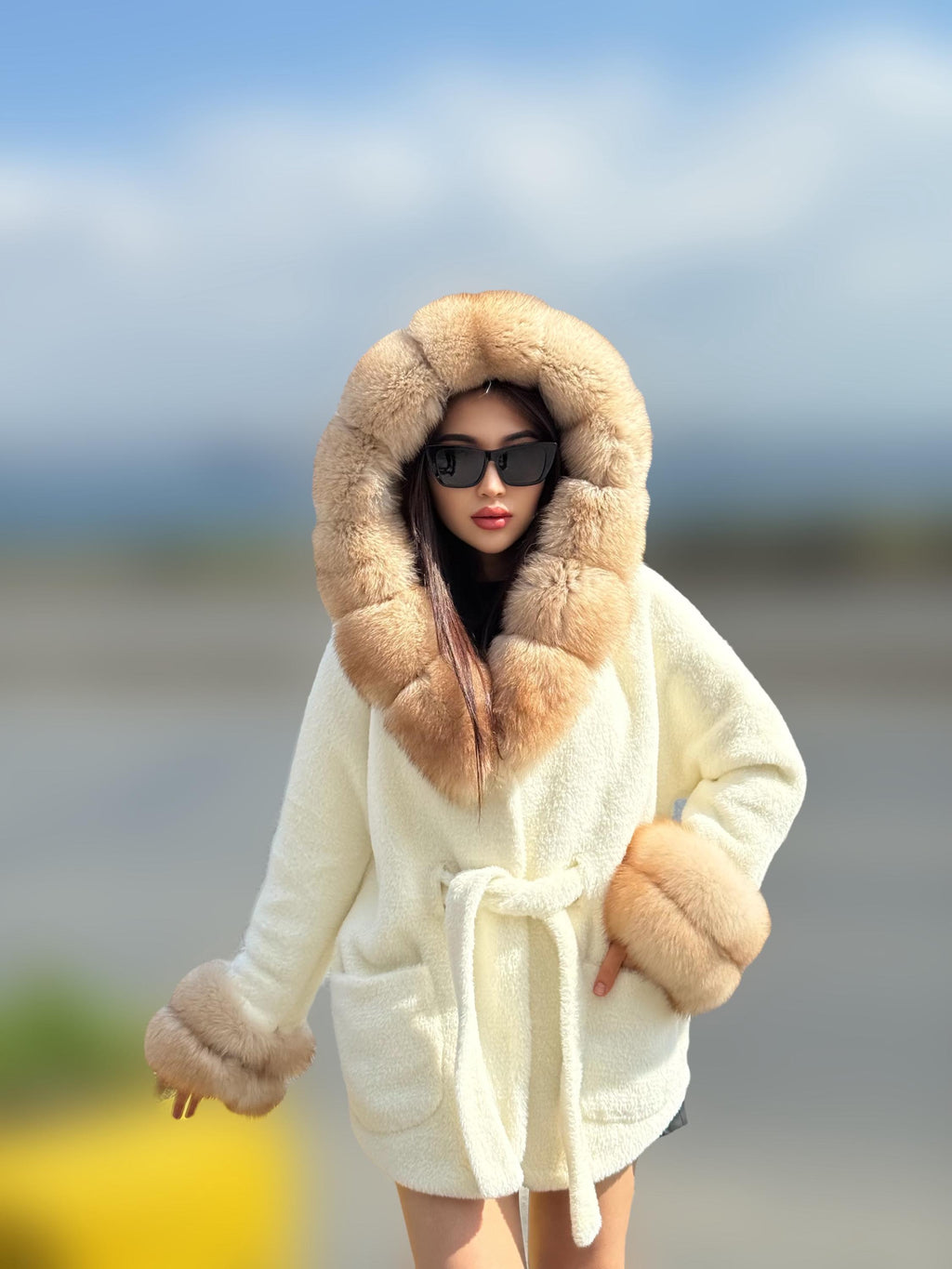 Luxury White Alcantara Cape Coat with Fox Fur Hood & Cuffs | Women’s Beige Winter Fox Fur Jacket