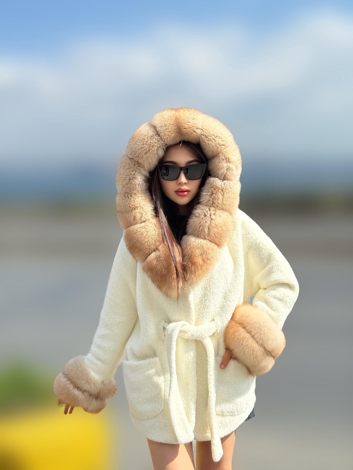 Luxury White Alcantara Cape Coat with Fox Fur Hood & Cuffs | Women’s Beige Winter Fox Fur Jacket