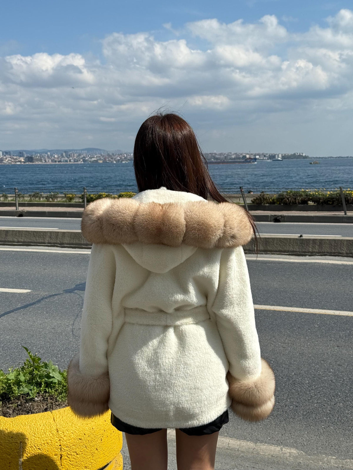 Luxury White Alcantara Cape Coat with Fox Fur Hood & Cuffs | Women’s Beige Winter Fox Fur Jacket