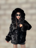 Luxury Black Alcantara Cape Coat with Fox Fur Hood & Cuffs | Women’s Beige Winter Fox Fur Jacket