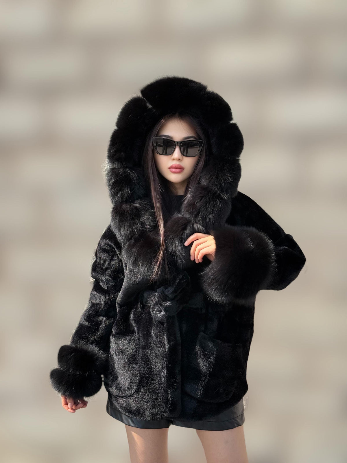 Luxury Black Alcantara Cape Coat with Fox Fur Hood & Cuffs | Women’s Beige Winter Fox Fur Jacket