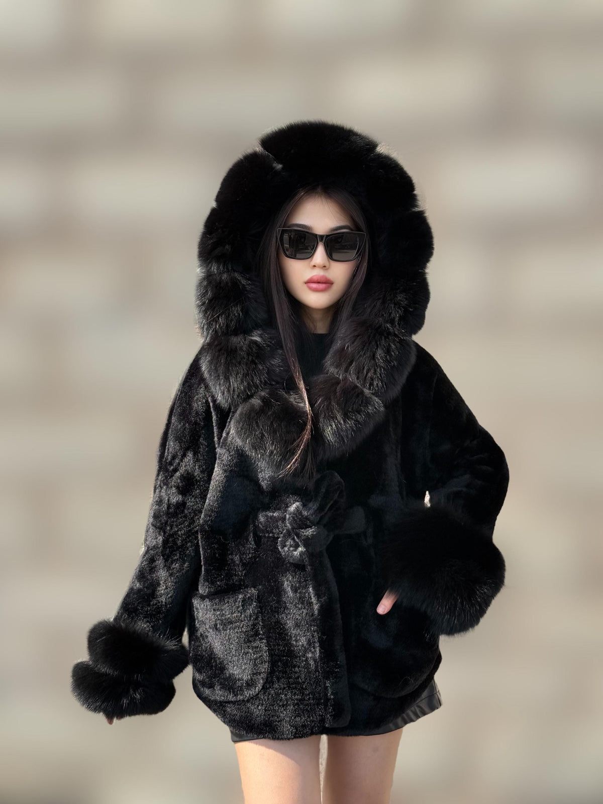 Luxury Black Alcantara Cape Coat with Fox Fur Hood & Cuffs | Women’s Beige Winter Fox Fur Jacket