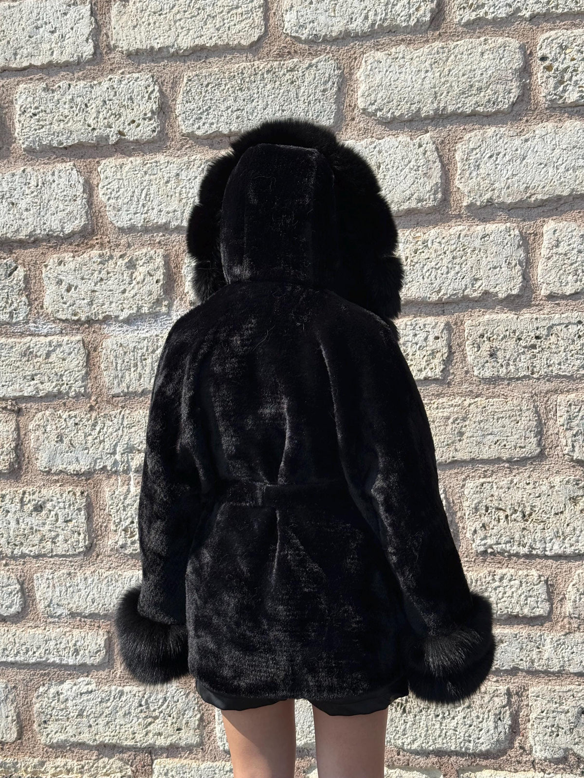 Luxury Black Alcantara Cape Coat with Fox Fur Hood & Cuffs | Women’s Beige Winter Fox Fur Jacket