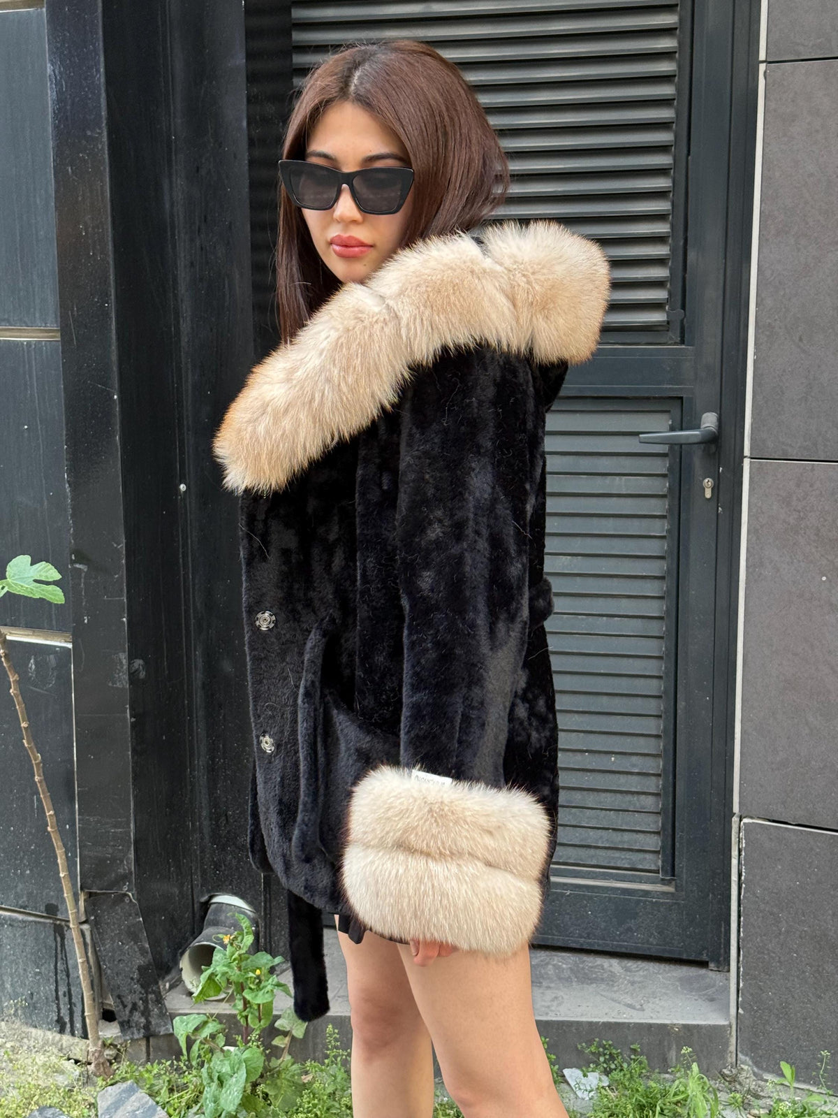 Luxury Black Alcantara Cape Coat with Fox Fur Hood & Cuffs | Women’s Beige Winter Fox Fur Jacket