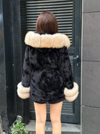 Luxury Black Alcantara Cape Coat with Fox Fur Hood & Cuffs | Women’s Beige Winter Fox Fur Jacket