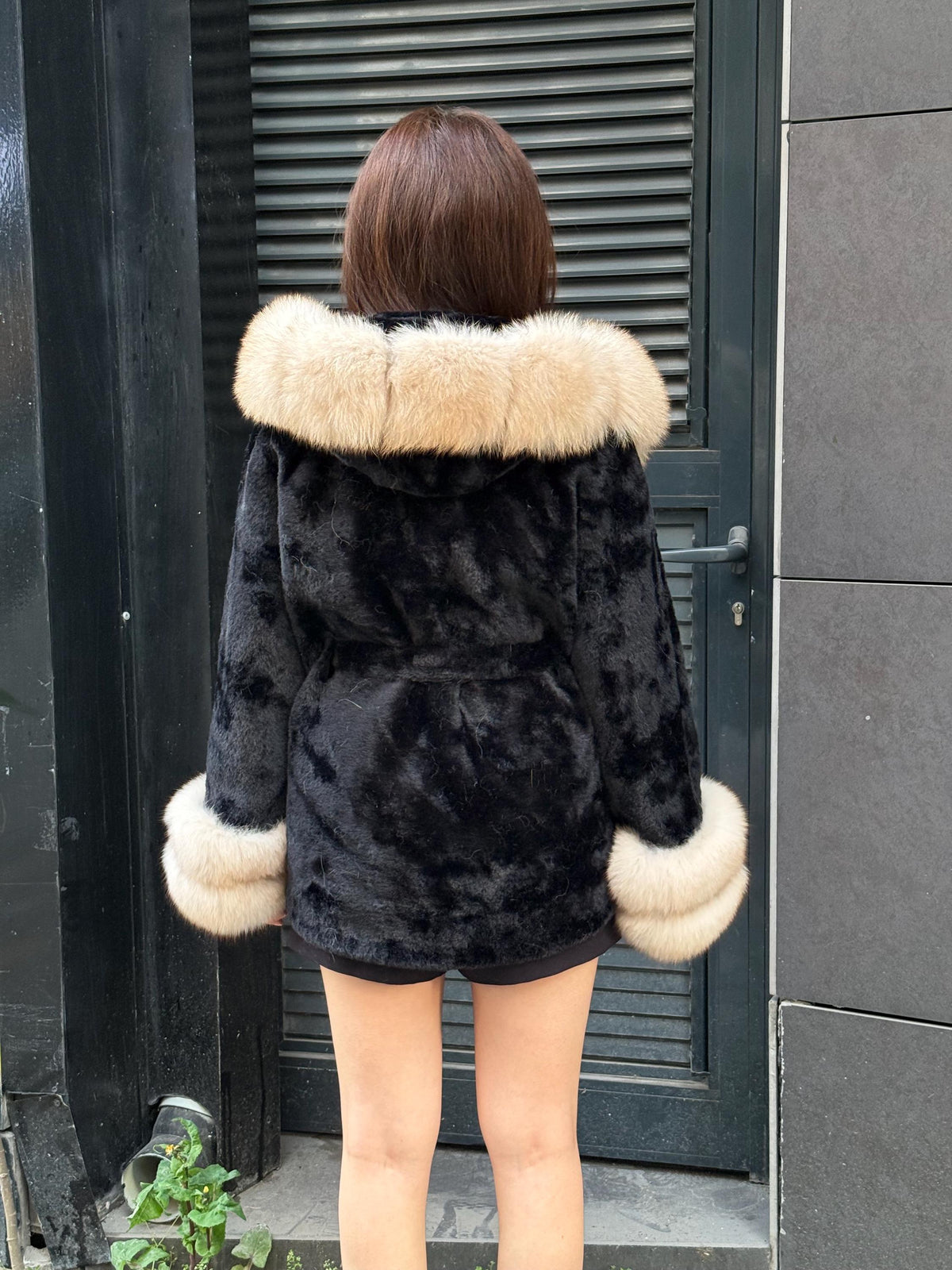 Luxury Black Alcantara Cape Coat with Fox Fur Hood & Cuffs | Women’s Beige Winter Fox Fur Jacket