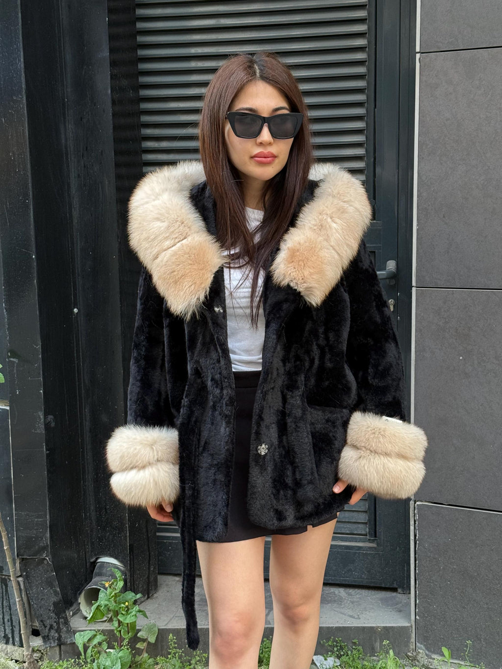 Luxury Black Alcantara Cape Coat with Fox Fur Hood & Cuffs | Women’s Beige Winter Fox Fur Jacket