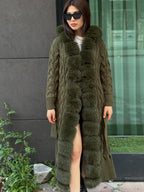 Khaki Handmade Women Luxury Knit Cardigan with Real Fox Fur Trim Coat –Handcrafted Long Knitwear Coat – Elegant Knit Outerwear for Women