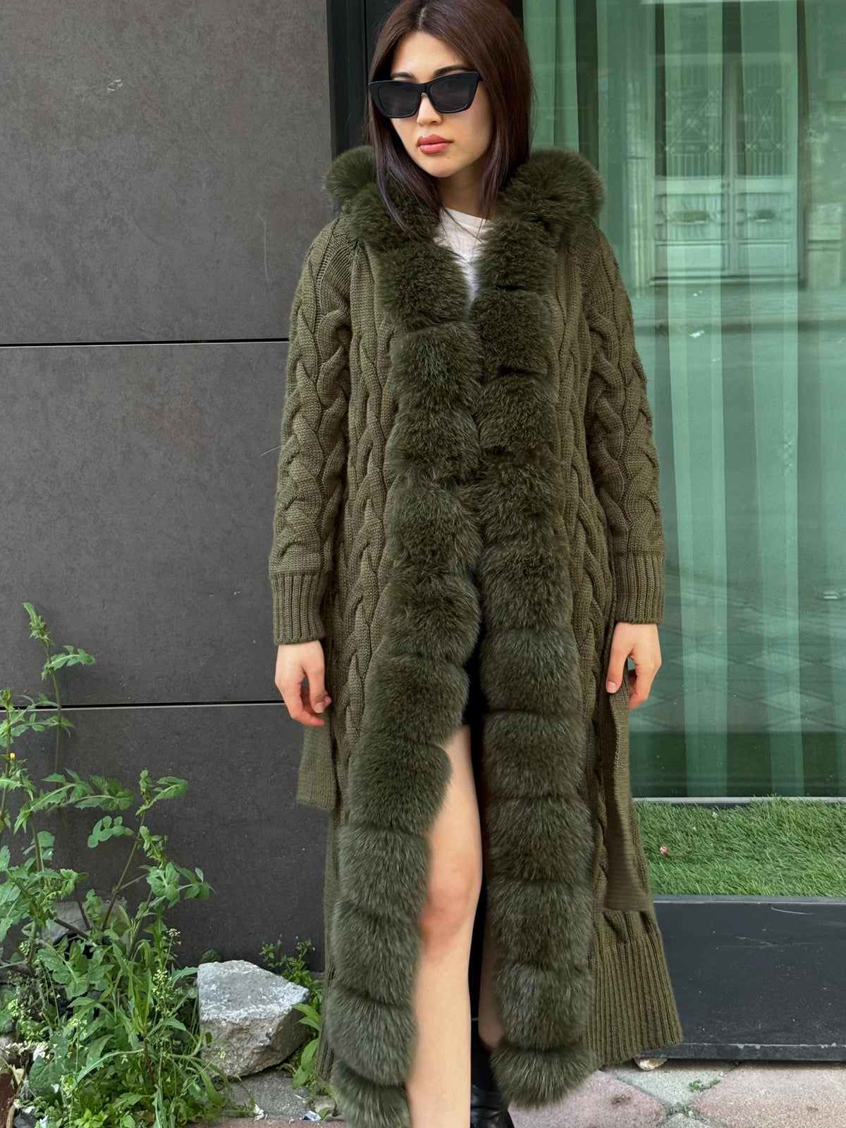 Khaki Handmade Women Luxury Knit Cardigan with Real Fox Fur Trim Coat –Handcrafted Long Knitwear Coat – Elegant Knit Outerwear for Women