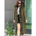 Khaki Handmade Women Luxury Knit Cardigan with Real Fox Fur Trim Coat –Handcrafted Long Knitwear Coat – Elegant Knit Outerwear for Women
