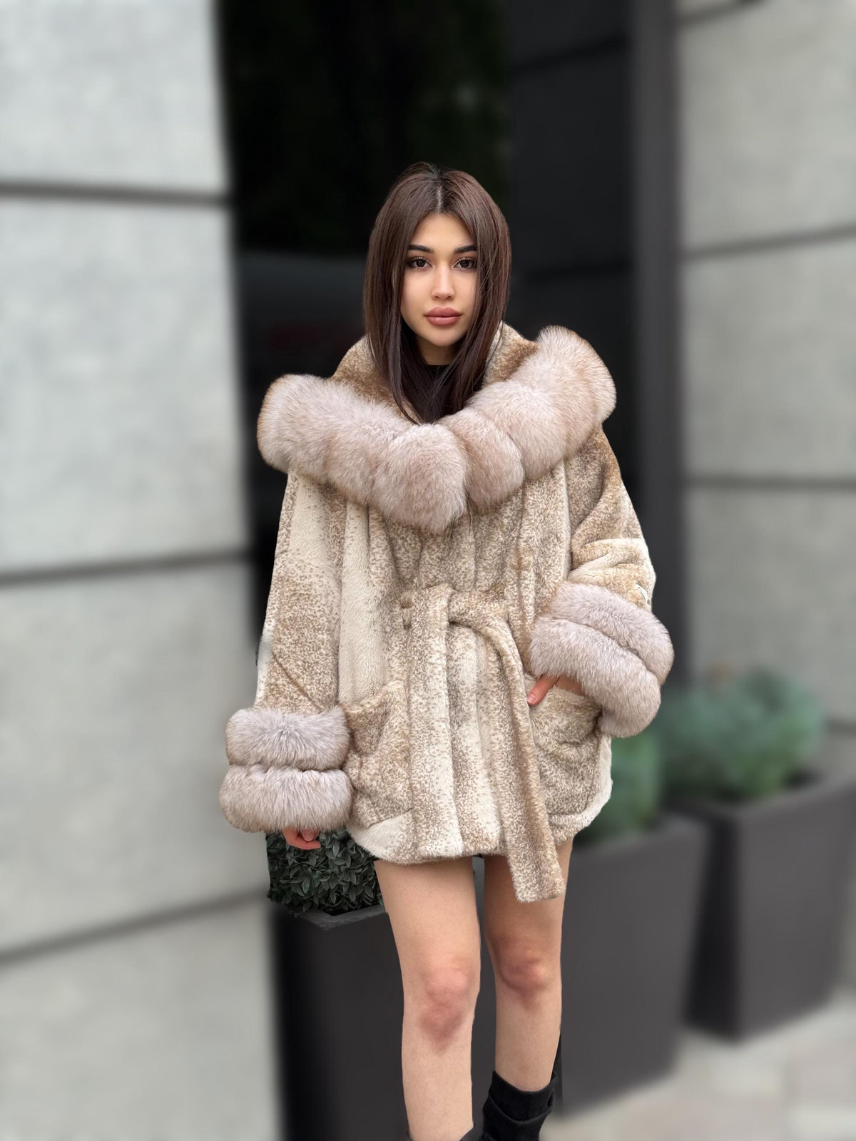 Luxury Beige Faux Mink Cape Coat with Fox Fur Hood & Cuffs | Women’s Beige Winter Genuine Fox Fur Jacket