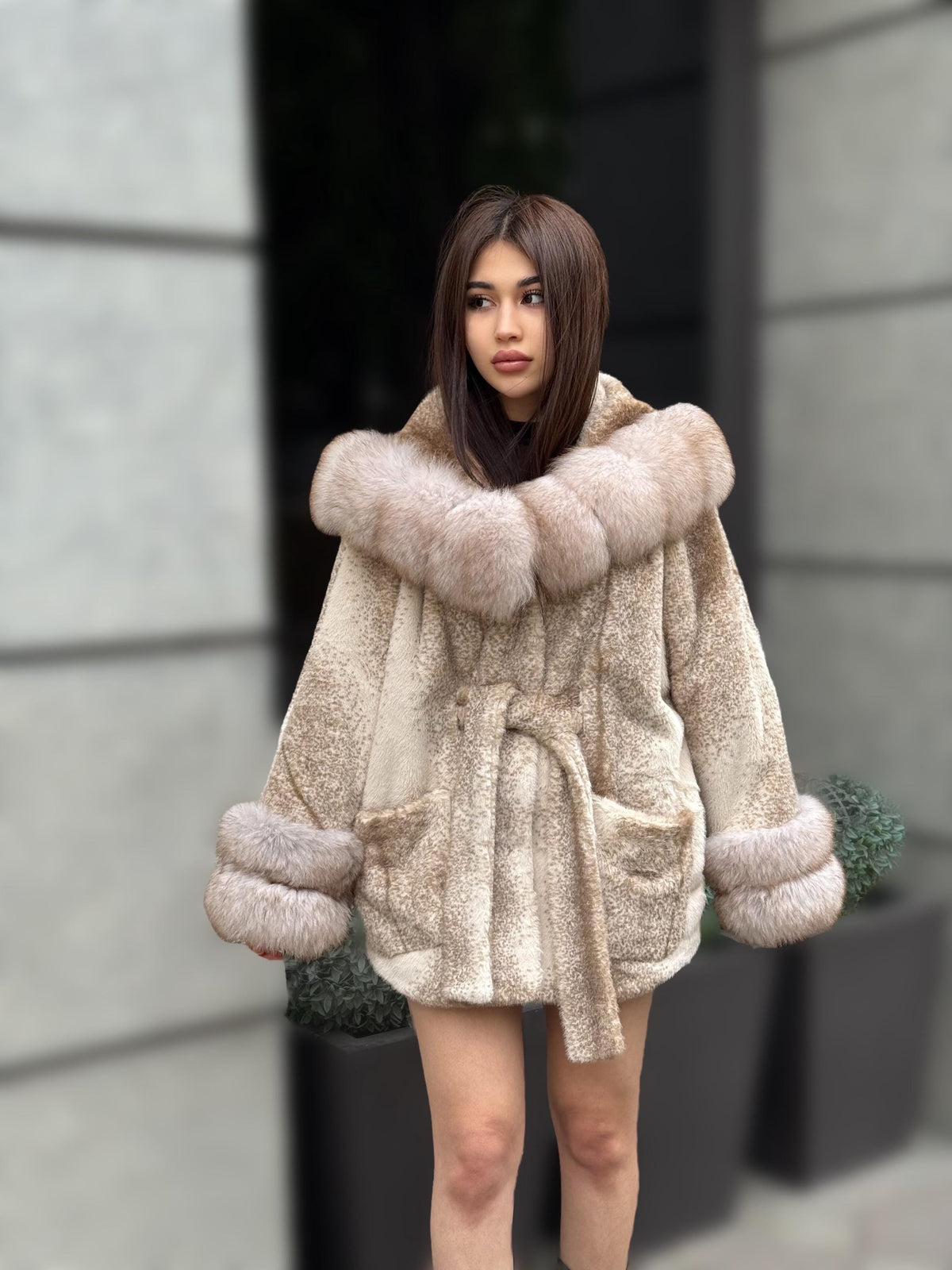 Luxury Beige Faux Mink Cape Coat with Fox Fur Hood & Cuffs | Women’s Beige Winter Genuine Fox Fur Jacket