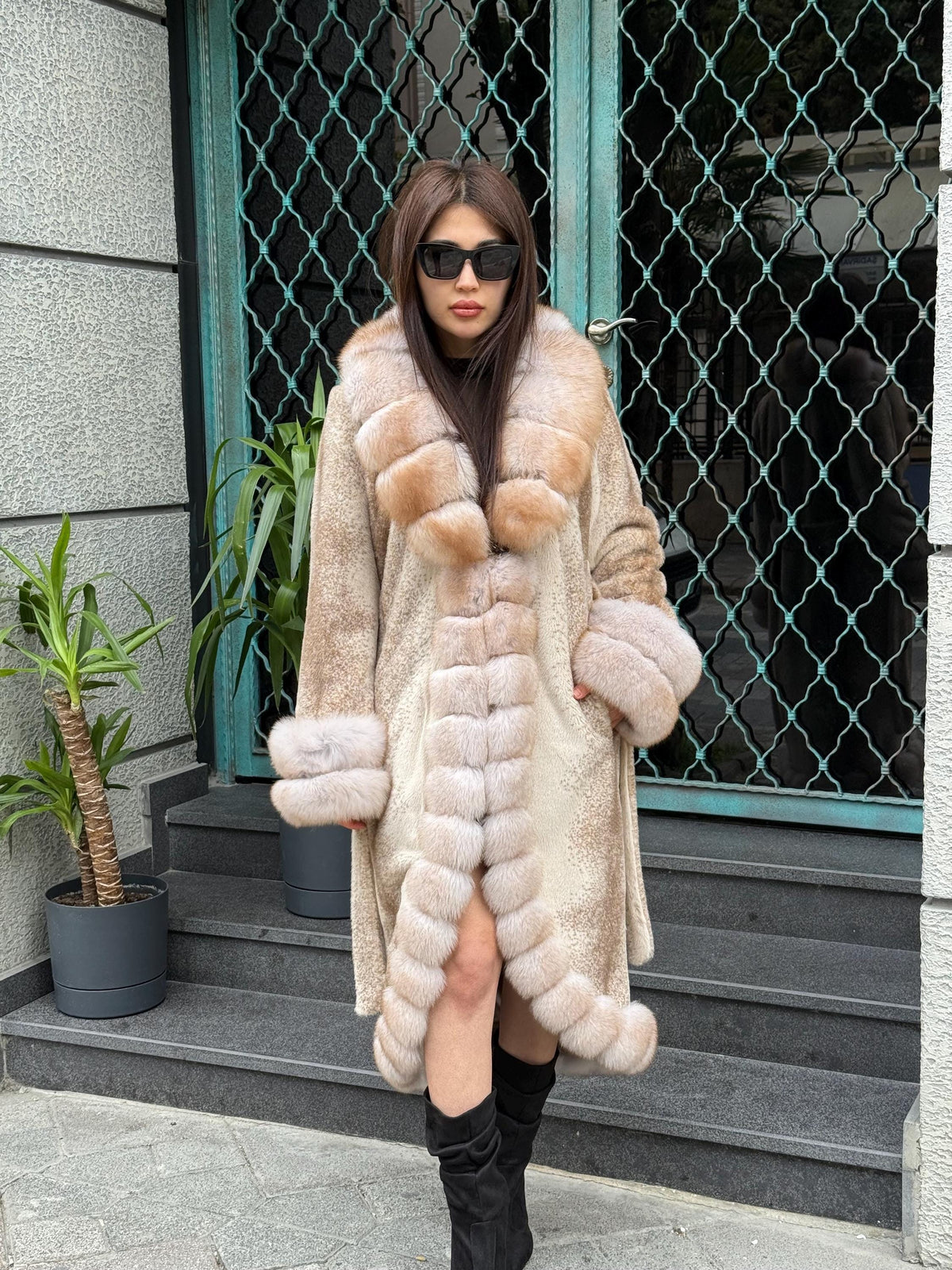 Beige Long Faux Mink Fur Coat, Front&Cuffs Fox Fur Jacket,/ Genuine Fox Fur Jacket.. Women Fox Fur Coat.. Fox Fur