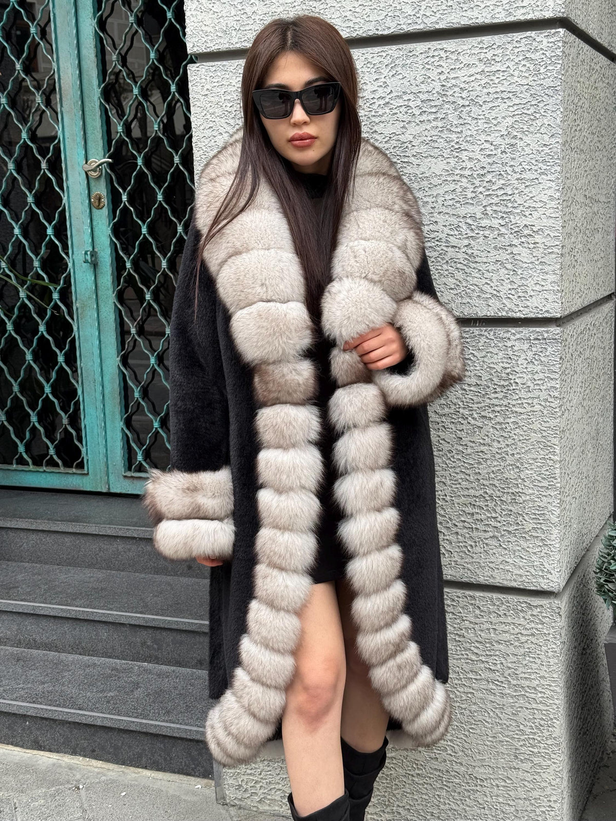Black Long Alcantara Coat, Front Cuffs Fox Fur Jacket, Premium Fox Fur Jacket, Women Fox Fur Coat../ Fox Fur