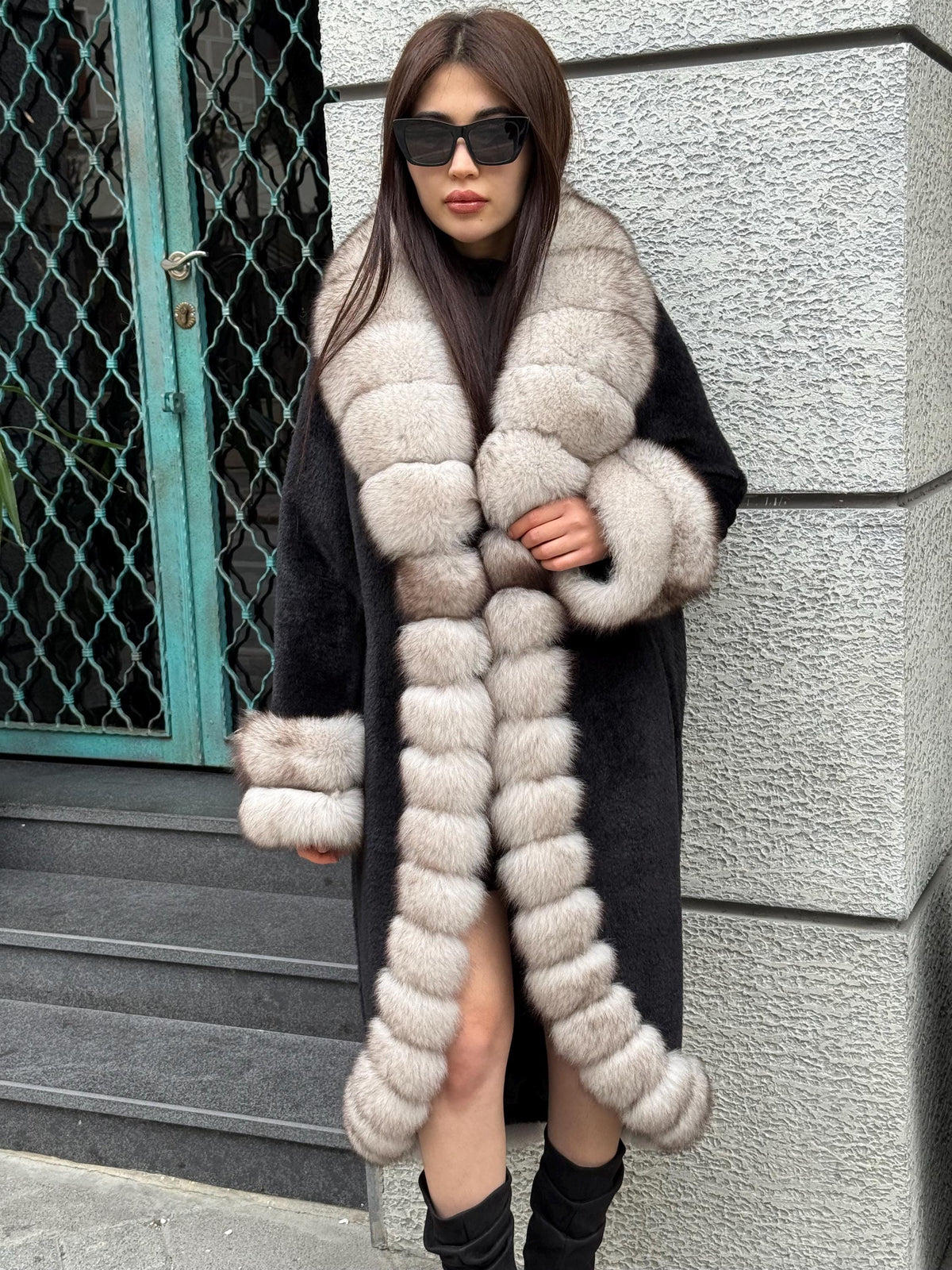 Black Long Alcantara Coat, Front Cuffs Fox Fur Jacket, Premium Fox Fur Jacket, Women Fox Fur Coat../ Fox Fur