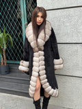Black Long Alcantara Coat, Front Cuffs Fox Fur Jacket, Premium Fox Fur Jacket, Women Fox Fur Coat../ Fox Fur