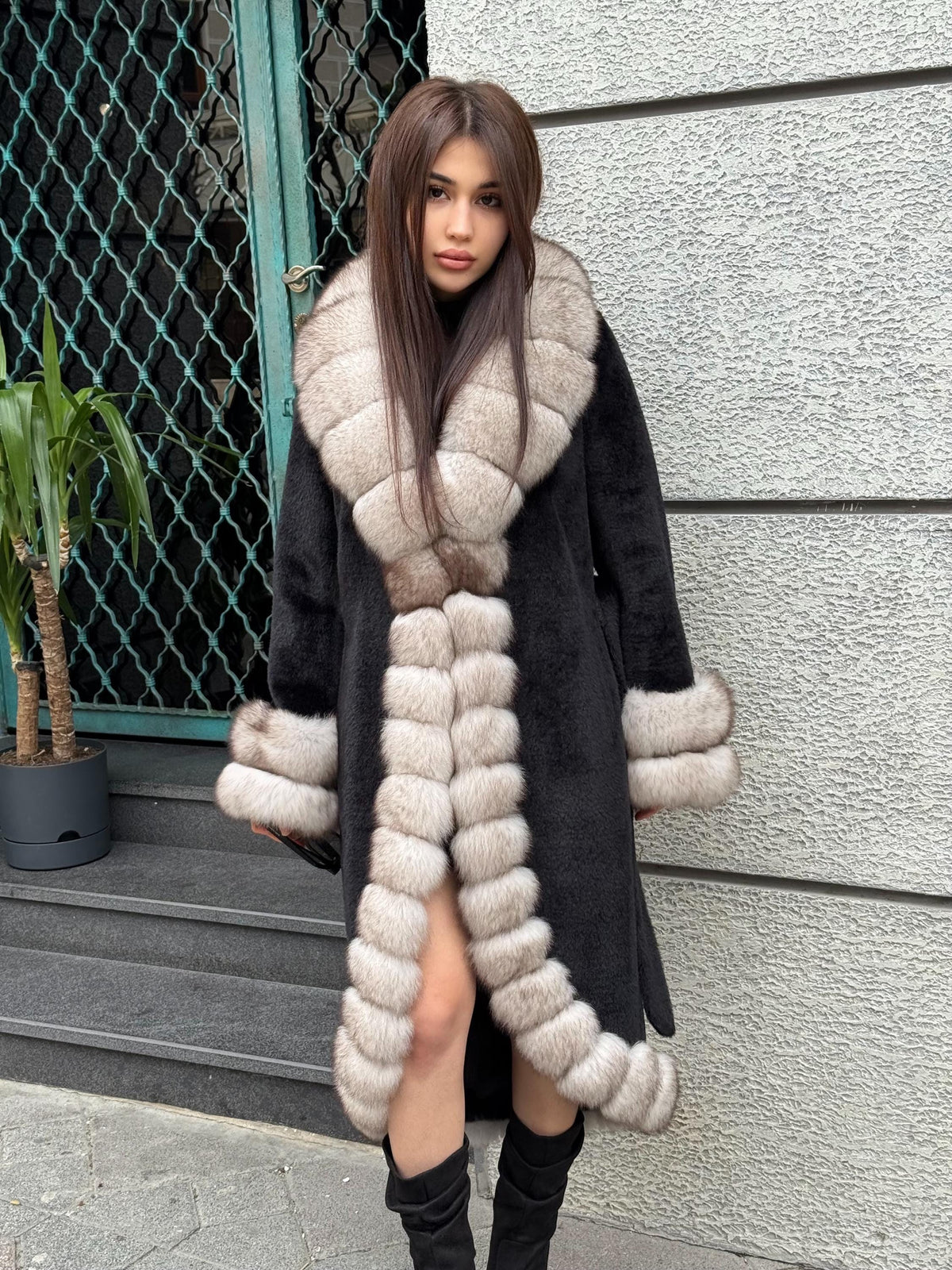 Black Long Alcantara Coat, Front Cuffs Fox Fur Jacket, Premium Fox Fur Jacket, Women Fox Fur Coat../ Fox Fur