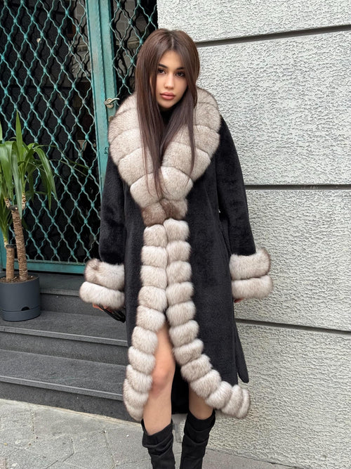 Black Long Alcantara Coat, Front Cuffs Fox Fur Jacket, Premium Fox Fur Jacket, Women Fox Fur Coat../ Fox Fur