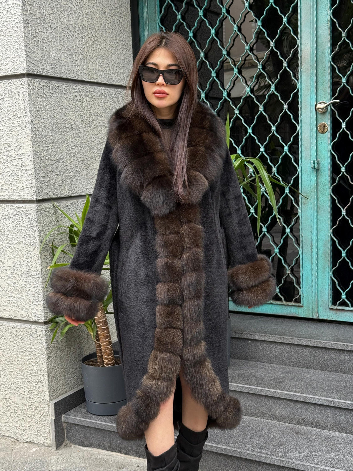 Black Long Alcantara Coat, Womens Handmade Front & Cuffs - Fox Fur Jacket. Sable Brown Fox Fur Jacket. Fox Fur Coat
