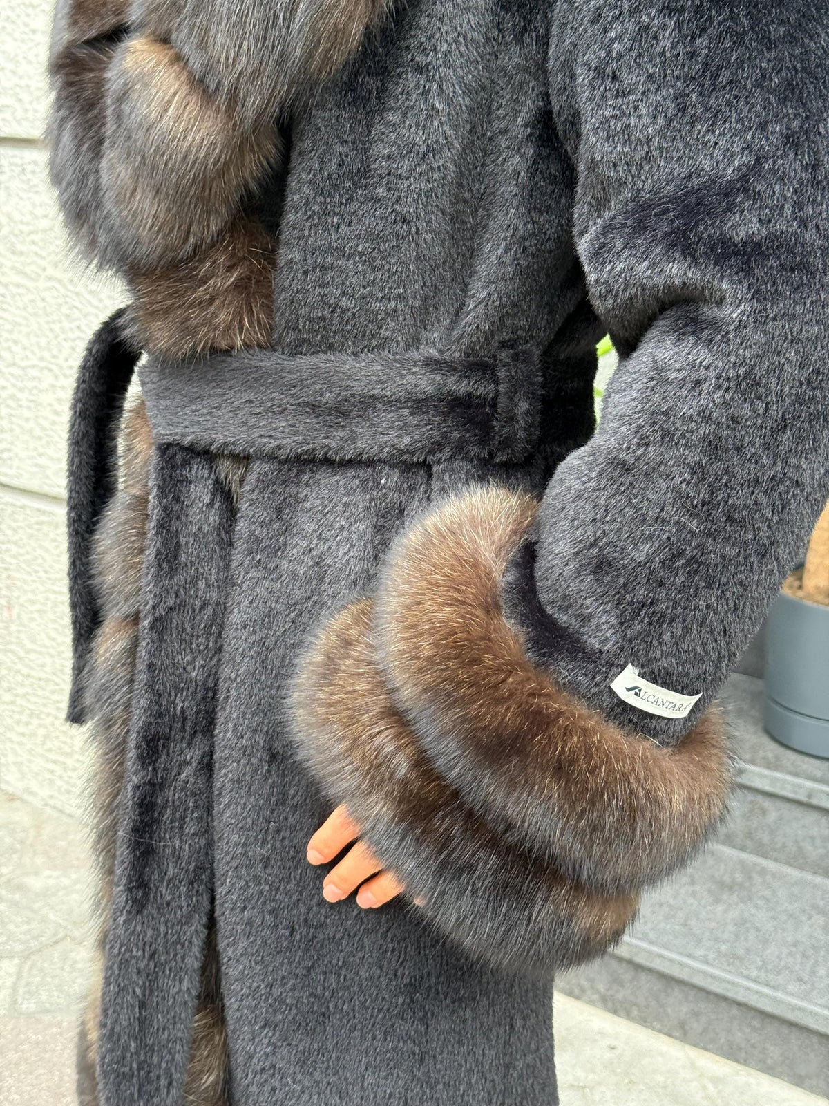Black Long Alcantara Coat, Womens Handmade Front & Cuffs - Fox Fur Jacket. Sable Brown Fox Fur Jacket. Fox Fur Coat