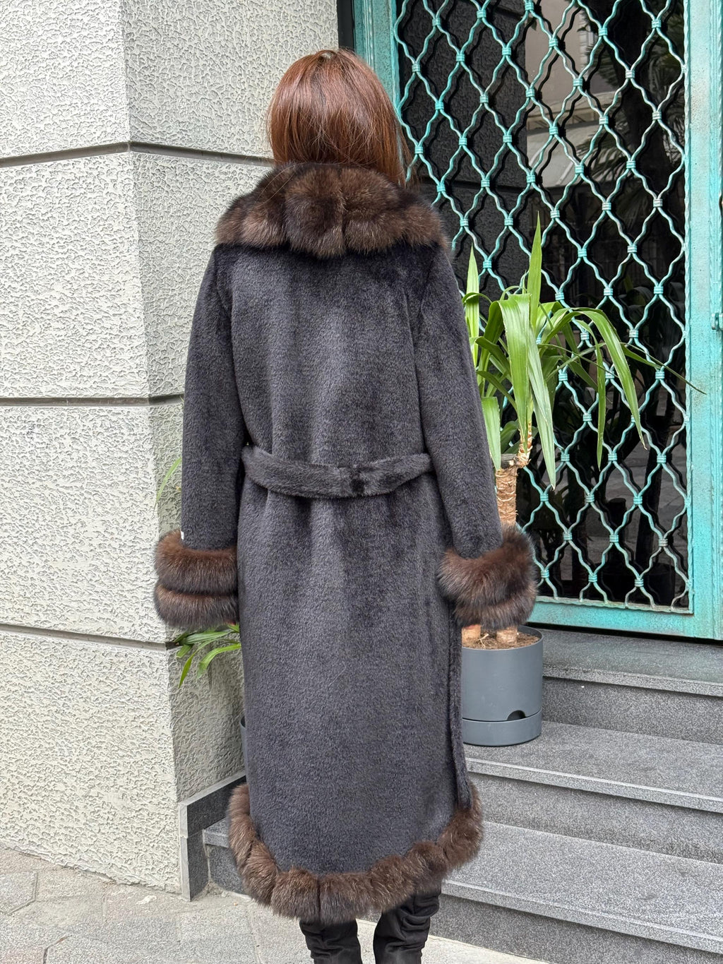 Black Long Alcantara Coat, Womens Handmade Front & Cuffs - Fox Fur Jacket. Sable Brown Fox Fur Jacket. Fox Fur Coat