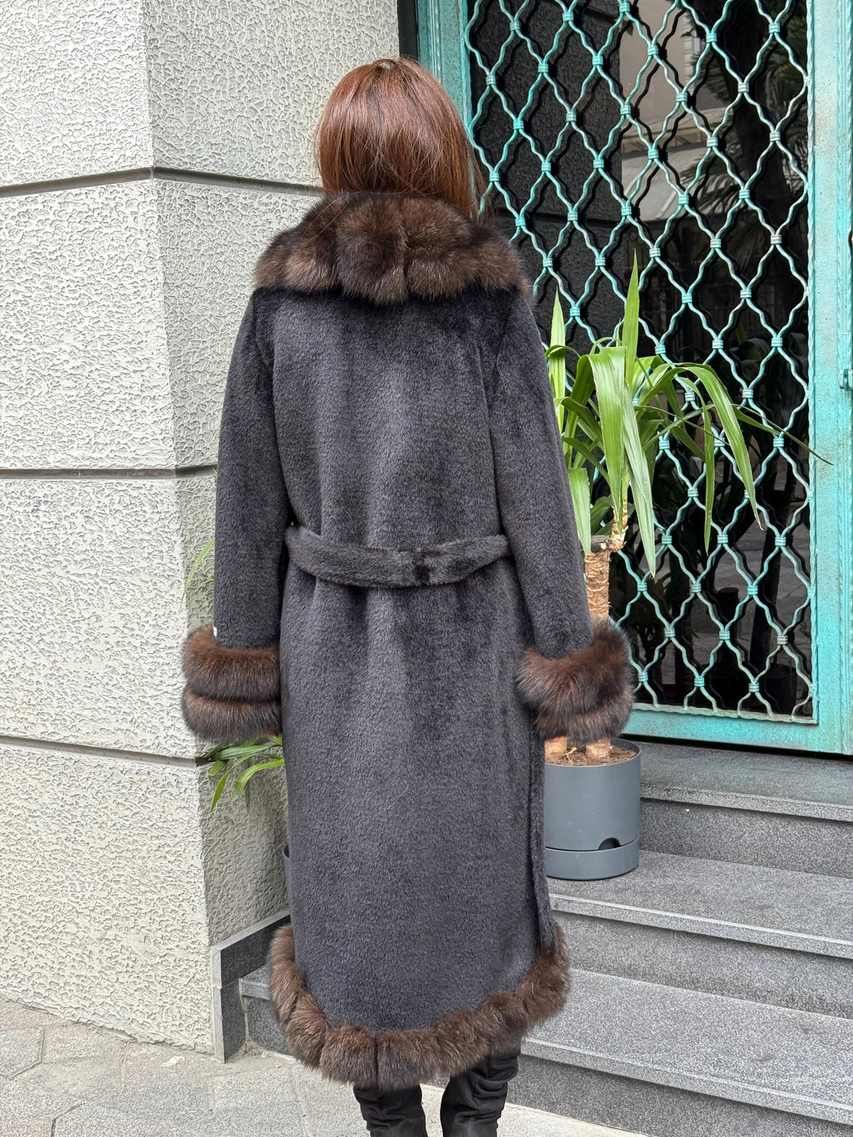 Black Long Alcantara Coat, Womens Handmade Front & Cuffs - Fox Fur Jacket. Sable Brown Fox Fur Jacket. Fox Fur Coat