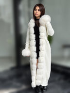 White Handmade Women Luxury Knit Cardigan with Real Fox Fur Trim Coat –Handcrafted Long Knitwear Coat – Elegant Cable Outerwear for Women